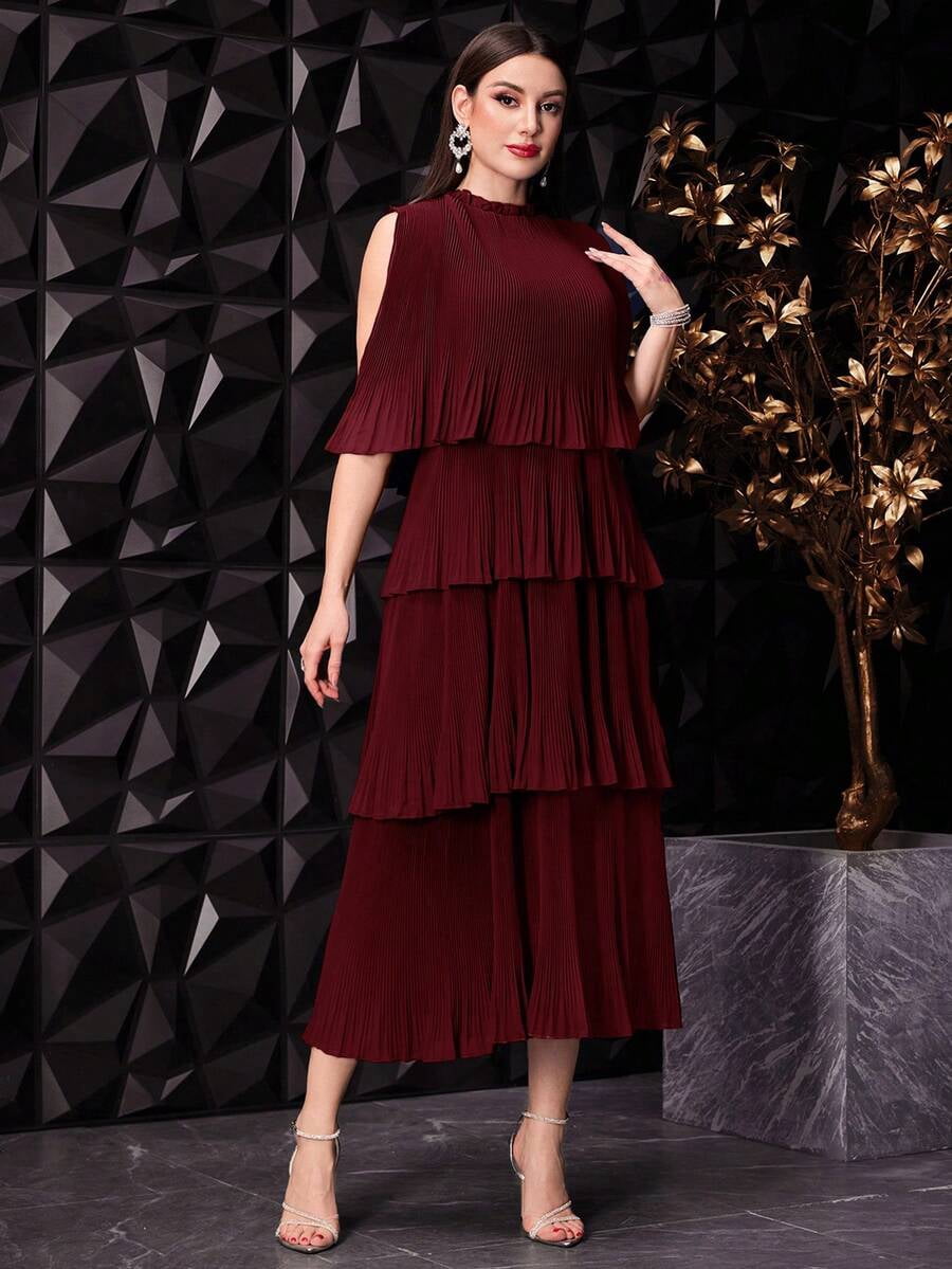 thumbnail image 5 of Womens Burgundy Pleated Cape Sleeve Cold Shoulder Tiered Ruffle Long, 5 of 7