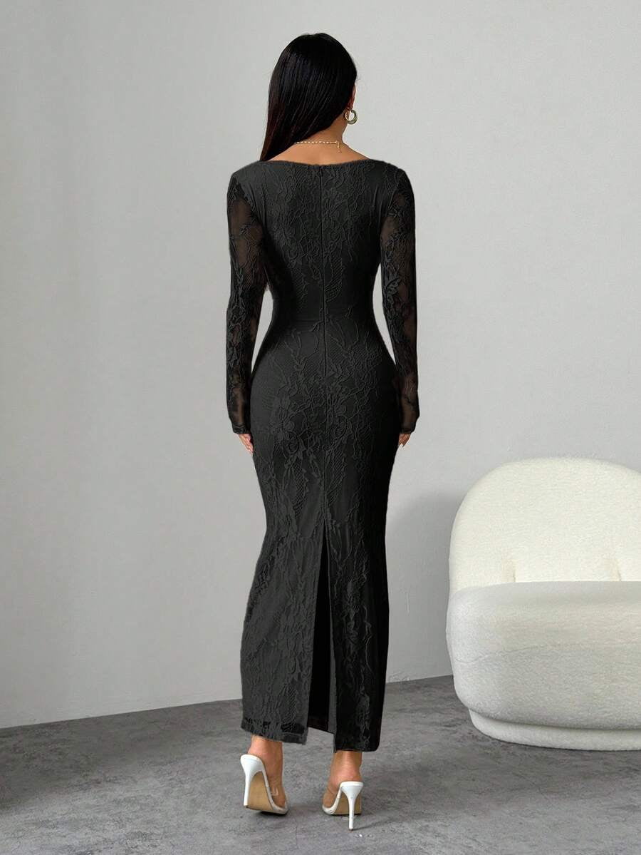 thumbnail image 2 of Black Lace Long Sleeve Square Neck Maxi Dress, 2 of 8