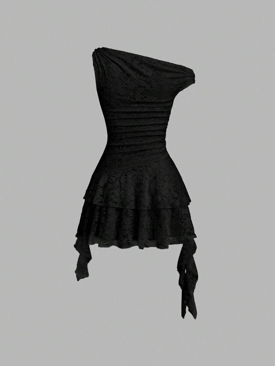 thumbnail image 2 of Black One-Shoulder Asymmetric Lace Peplum Mini Dress With Tie Details For Women, 2 of 6