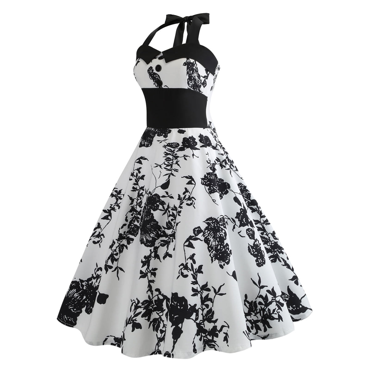 thumbnail image 2 of IBTOM CASTLE Women Vintage 50's 60's Rockabilly Audrey Hepburn Tea Dress Halter Polka Dot Wedding Cocktail 1950s Party Swing Short Gown M White + Black Flower, 2 of 8