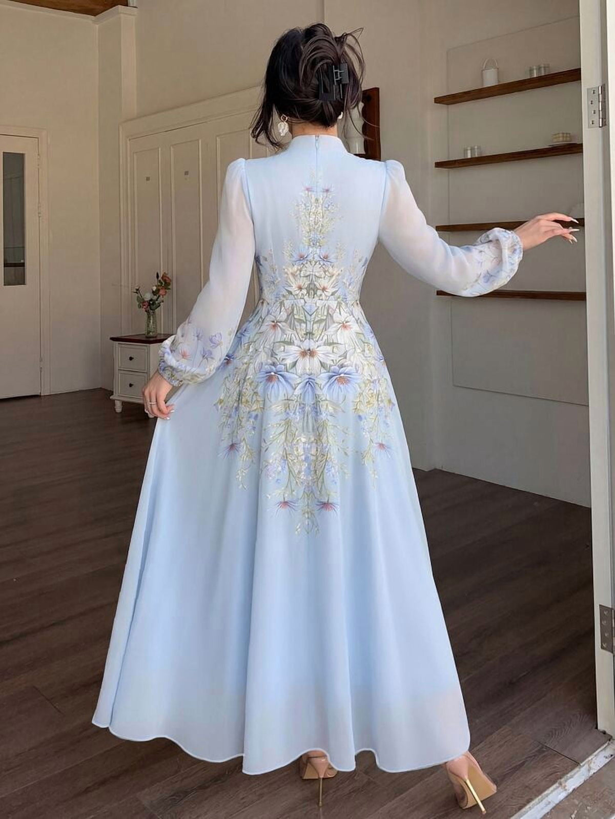 thumbnail image 2 of Blue Floral Embroidered Long Sleeve Midi Dress with Bow Neck, 2 of 8