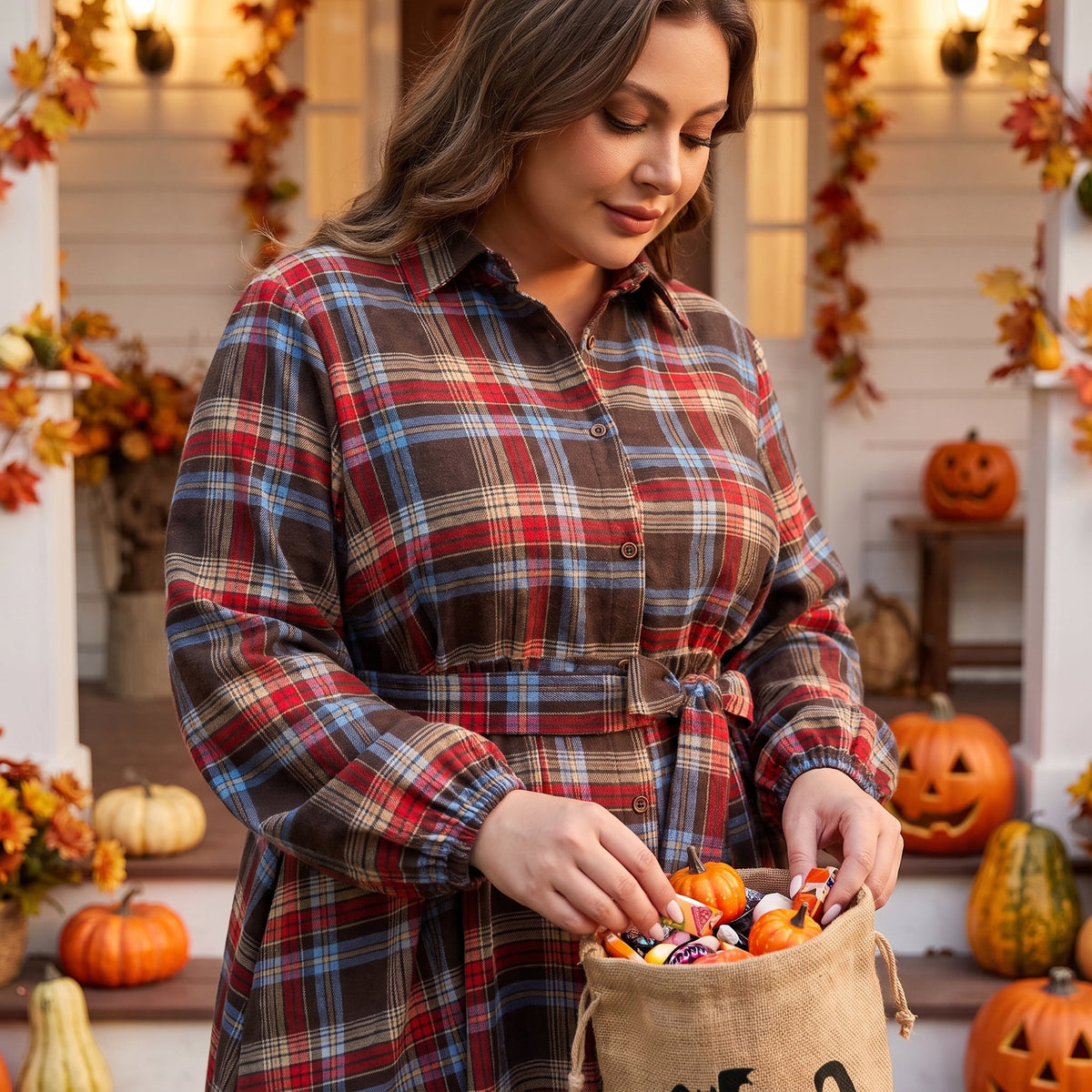 thumbnail image 3 of Agnes Orinda Women's Plus Size Halloween Outfits Shirt Dress Single Breasted Belted Plaid Curved Hem Long Sleeves Fall Casual Dresses with Pockets 3X Khaki, 3 of 8