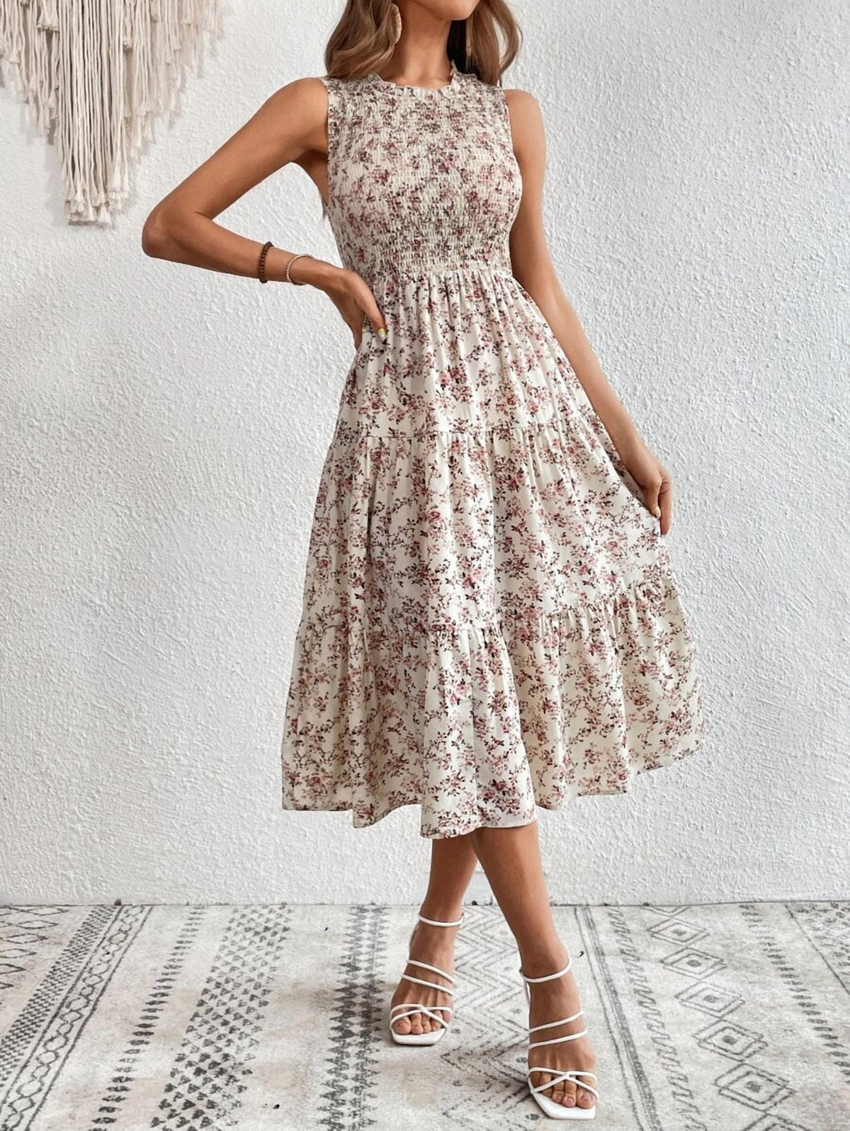 thumbnail image 3 of White Floral Smocked Sleeveless Tiered Midi Dress For Women, 3 of 30