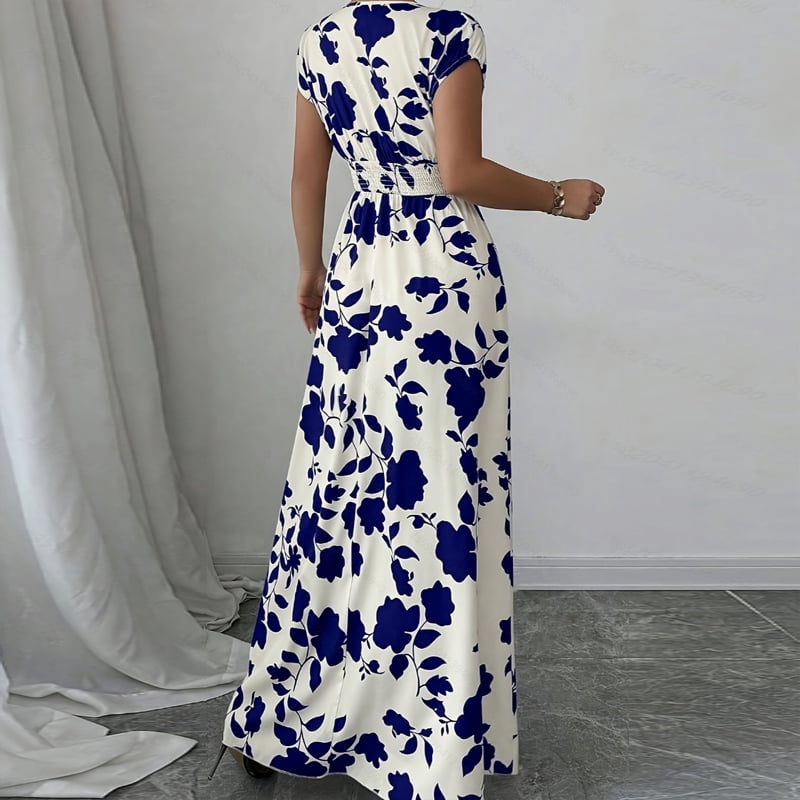 thumbnail image 5 of MORTTIC Women's Floral Print V-Neck Maxi Dress with Elastic Waist Bohemian Summer Casual Long Dress Dark Blue，S, 5 of 8