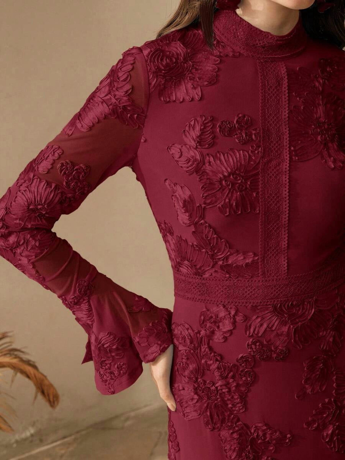 thumbnail image 2 of Burgundy Floral Embroidered High-Neck Long Sleeve Maxi Dress For Women, 2 of 14