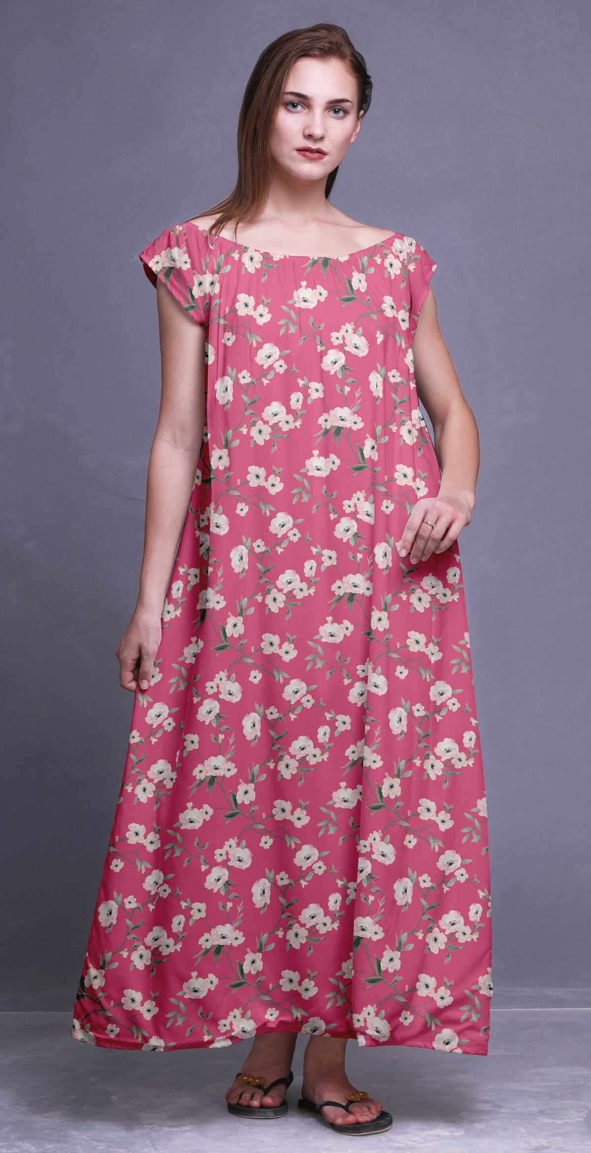 thumbnail image 3 of Bimba Printed Long Maxi Dress For Women Rayon Sleepwear Short Sleeve Nightgown, 3 of 4