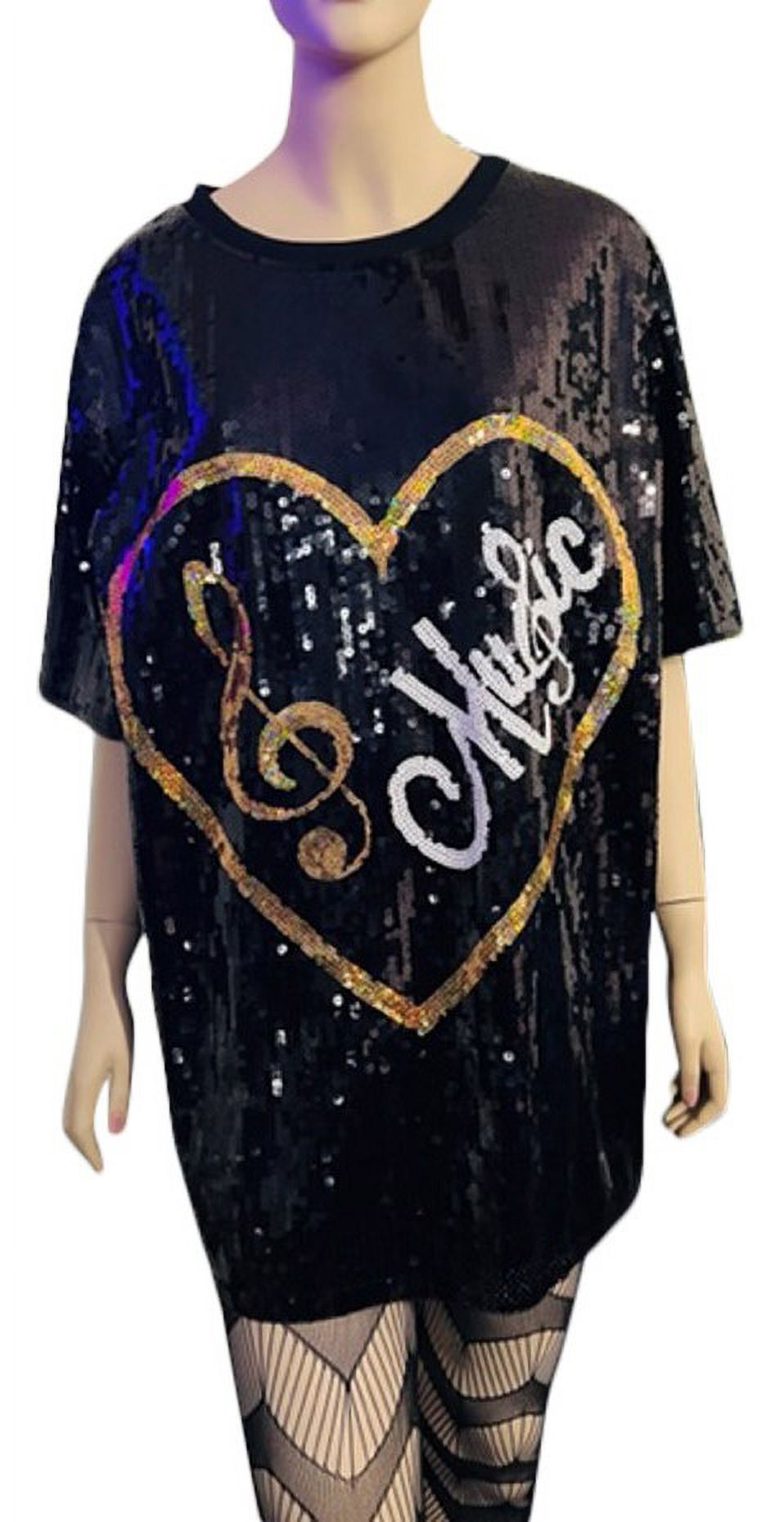 thumbnail image 6 of 2Chique Boutique Women's Sequin T Shirt Dress Heart Music Treble Clef One Size Black, 6 of 6