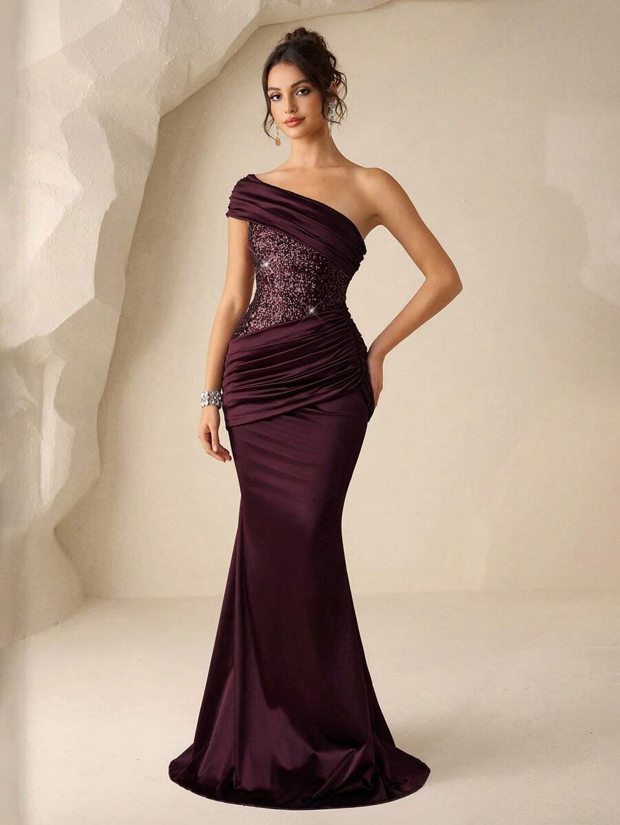 thumbnail image 3 of Burgundy One-Shoulder Sequin Bodice Mermaid Satin Evening Gown, 3 of 30