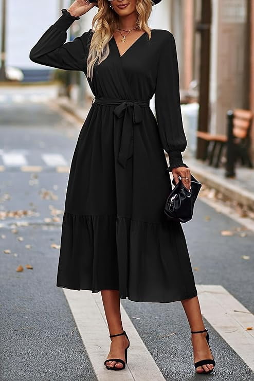 thumbnail image 4 of PRETTYGARDEN Women's Maxi Dress Fall Long Sleeve Wrap V Neck Ruffle Flowy Belted Spring Wedding Guest Vacation, 4 of 8