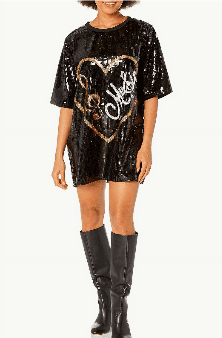 thumbnail image 2 of 2Chique Boutique Women's Sequin T Shirt Dress Heart Music Treble Clef One Size Black, 2 of 6