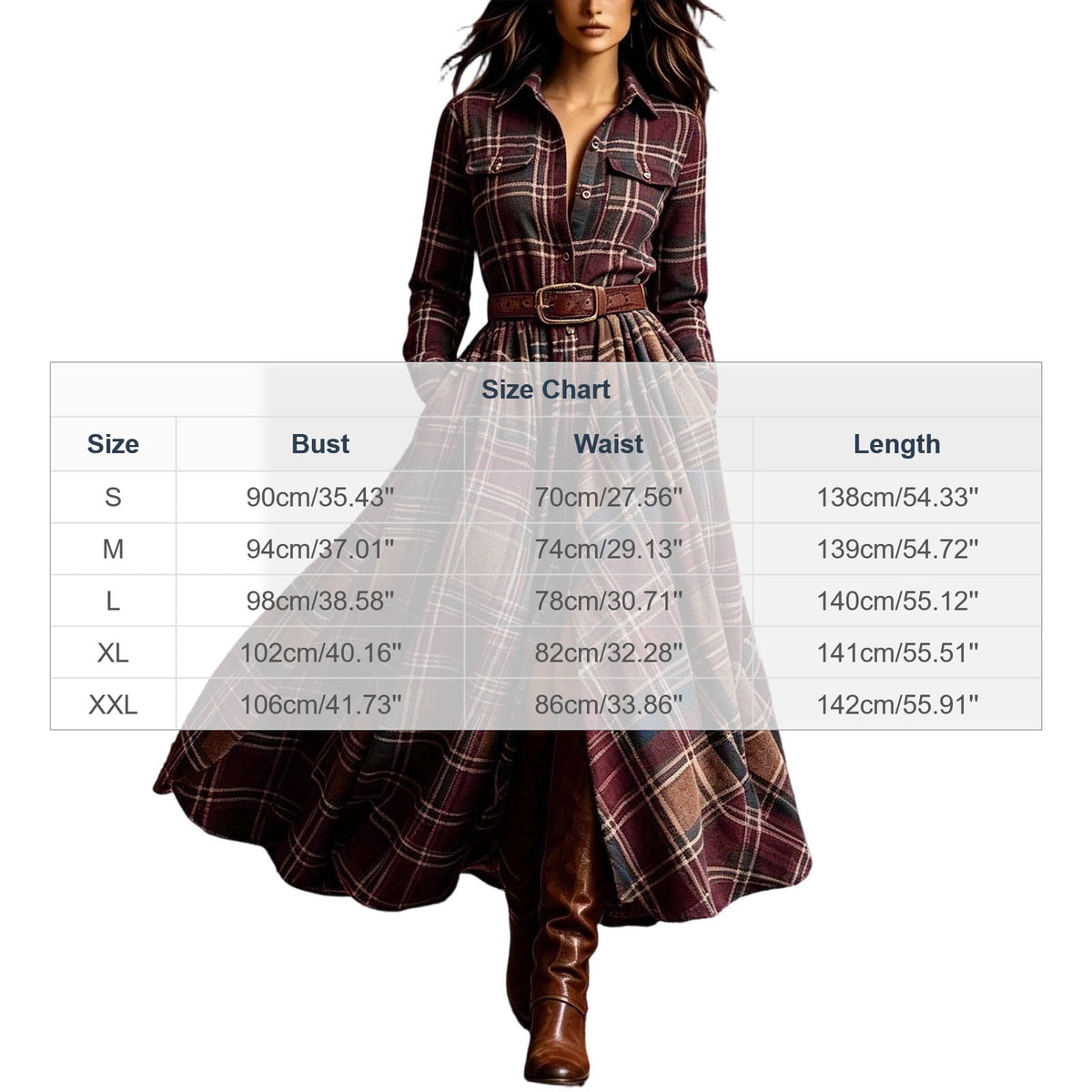 thumbnail image 2 of BRGZLK Maxi Dresses for Women Fall Winter Retro Lapel Button Down Long Sleeves Plaid Maxi Shirt Dress A-Line Flowy Casual Dress with Pockets & Belt Red XL, 2 of 6