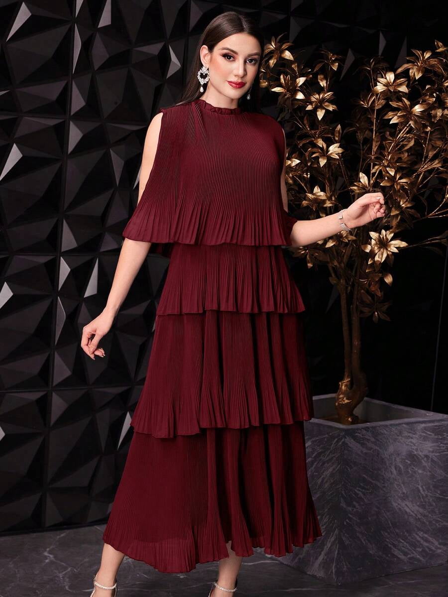 thumbnail image 6 of Womens Burgundy Pleated Cape Sleeve Cold Shoulder Tiered Ruffle Long, 6 of 7