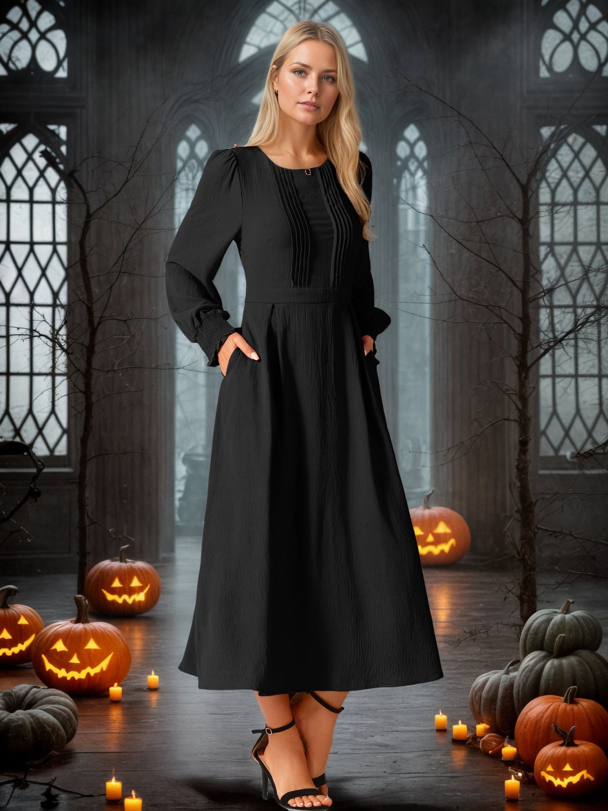 thumbnail image 2 of DARING DIVA Frilled Crewneck Long Sleeve Midi Fall Dress XL Black, 2 of 8