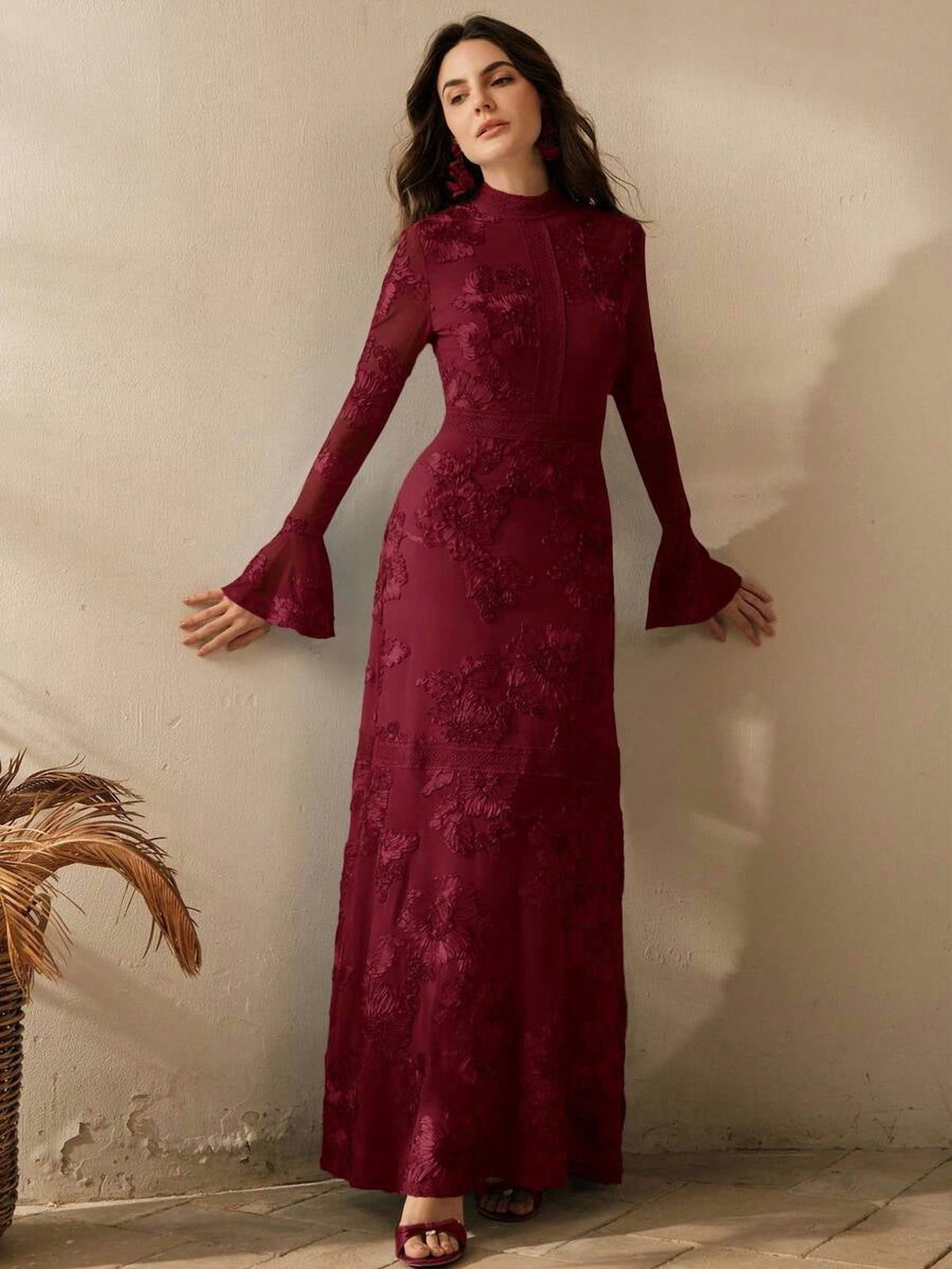 thumbnail image 3 of Burgundy Floral Embroidered High-Neck Long Sleeve Maxi Dress For Women, 3 of 14