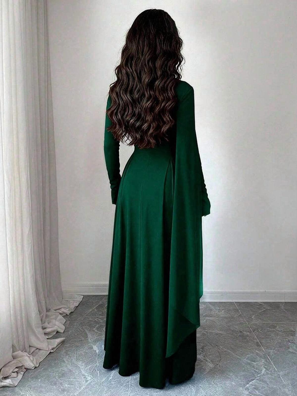 thumbnail image 2 of Elegant Dark Green Chiffon Patchwork High Neck Long Sleeve A-Line Dress, 2 of 6